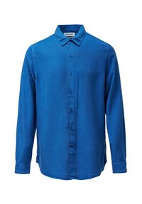 Blaues Langarmhemd aus glattem Stoff, mit einem Button-Down-Kragen, vorderen Knöpfen und dezentem Logo-Stick auf der Brust.