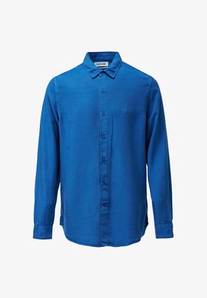 Blauwe lange mouwen shirt van gladde stof, met een button-down kraag, voorkant met knopen en subtiele logo borduursel op de borst.