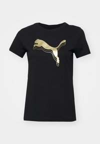 Tricou negru din bumbac cu un logo metalic auriu reprezentând o pisică sărind pe față, având un guler clasic și mâneci scurte.