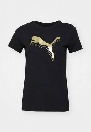 Sort bomulds t-shirt med et guldmetalisk springende kat logo på forsiden, med klassisk rund hals og korte ærmer.