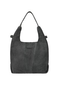 Borsa a tracolla in suede grigio caratterizzata da una texture liscia, una forma curvata e una sola tracolla con un discreto logo sulla parte frontale.