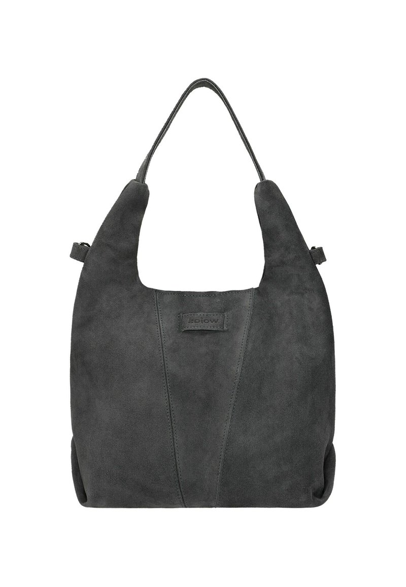 Borsa a tracolla in suede grigio caratterizzata da una texture liscia, una forma curvata e una sola tracolla con un discreto logo sulla parte frontale.