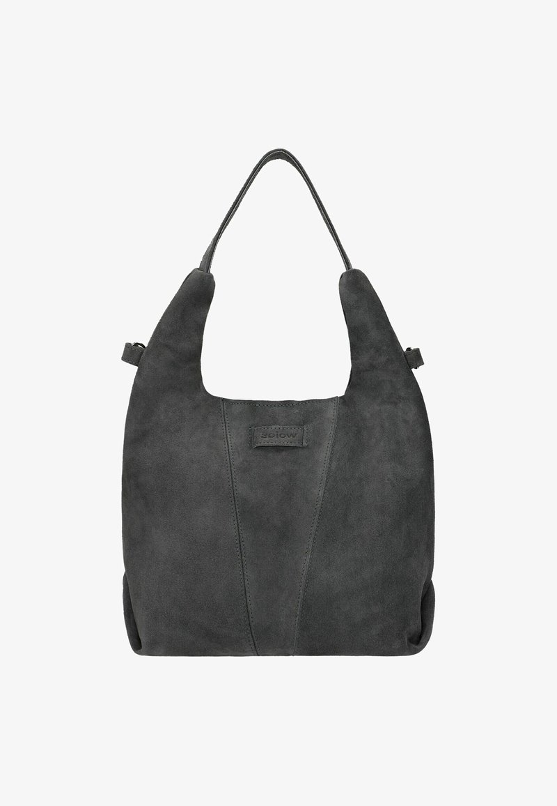Borsa a tracolla in suede grigio caratterizzata da una texture liscia, una forma curvata e una sola tracolla con un discreto logo sulla parte frontale.