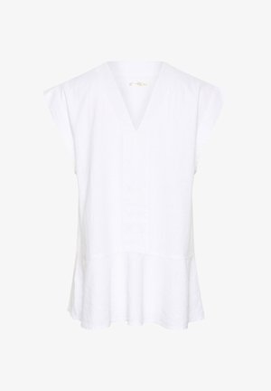 Bijela platnena majica s V-izrezom i kratkim kapicama, koja ima ležeran kroj i lepršavi rub za dodatnu pokretljivost i udobnost.