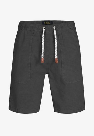 Mørkegrå shorts laget av et strukturert stoff, med frontlommer og en elastisk midjebånd med hvite snorer og brune lærdetaljer.