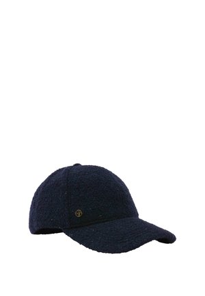 Black textured baseball cap with curved brim and small round metallic logo on side, shown on a white background.