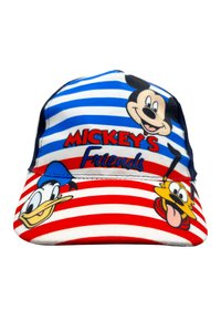 Gorra con franjas horizontales azules y rojas, decorada con personajes de dibujos animados: Mickey Mouse, Donald Duck y Pluto. Material de algodón.