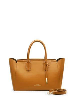 Sac en cuir tan au design structuré, avec deux poignées supérieures, fermeture magnétique et une bandoulière amovible. Présente des accents en métal doré.