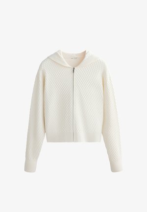 Hanorac crem matlasat, tricotat, cu fermoar, mâneci lungi și mâneci striate, prezentat pe un fundal alb.