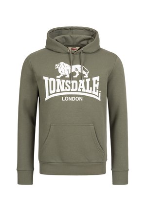 Sweat à capuche vert olive en tissu doux, doté d'une poche kangourou, de poignets côtelés, et d'un logo Lonsdale blanc avec un graphique de lion.