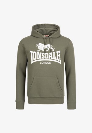 Olivenfarbener Hoodie aus weichem Material, mit einer Kängurutasche, gerippten Bündchen und einem weißen Lonsdale-Logo mit einem Löwenmotiv.