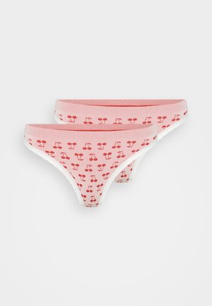 Pink cotton thong underwear with cherry pattern, featuring white lace trim and ribbed waistband. Two pieces shown together.