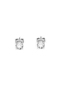 Orecchini a bottone in argento con grandi pietre tonde di zirconia cubica trasparente, caratterizzati da una montatura a quattro griffe e un piccolo logo del marchio visibile sulla parte superiore.