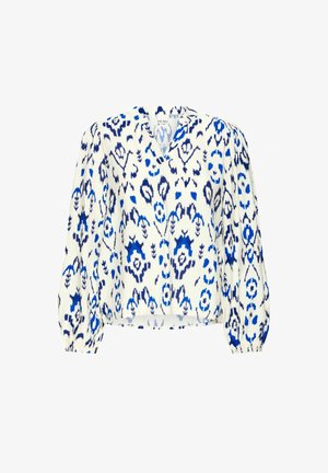 Witte blouse met een abstract blauw patroon, voorzien van een diepe V-hals, lange pofmouwen en een losse pasvorm. Soepele textuur en lichte stof.