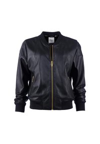 Sort læder bomberjakke med lynlås foran, ribstrikkede manchetter og to guldfarvede lynlåslommer, med et enkelt men klassisk design.