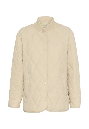 Veste matelassée beige clair avec un col côtelé, dotée d'une fermeture à boutons-pression et de deux poches avant. Matériau doux avec un motif en losanges.