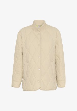 Gaiši bežs krāsas quiltotais jaka ar ribotu apkakli, ar spiedpogām un divām priekšējām kabatām. Mīksts materiāls ar dimanta rakstu.