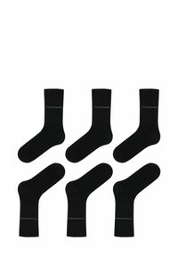 Sorte bomuldsokker, seks par, midt på læggen, glat tekstur, med et diskret logo i grå på anklen.