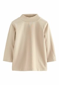 Beige Langarmoberteil aus weichem Material, mit einem hohen Kragen, enganliegenden Manschetten und minimalen Nähten entlang des Saums und der Ärmel.