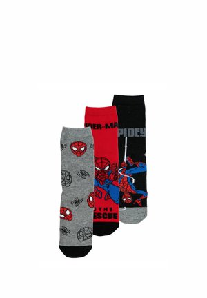 Three pairs of kids’ socks featuring Spider-Man designs: gray with masks and webs, red with Spider-Man and text, black with Spider-Man swinging on a web.