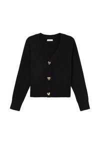 Schwarze Strickjacke aus weichem Material mit V-Ausschnitt und vier goldenen herzförmigen Knöpfen auf der Vorderseite. Lange Ärmel, kurze Passform.