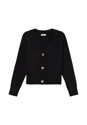 Czarny kardigan wykonany z miękkiego materiału, z dekoltem w kształcie litery V i czterema złotymi guzikami w kształcie serca z przodu. Długie rękawy, krótki krój.