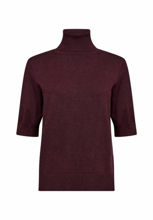 Pull à col roulé bourgogne à manches courtes, fabriqué en tissu doux, avec un col et un ourlet côtelés pour un ajustement confortable.