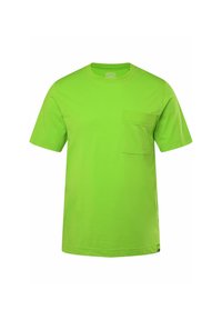 Zelené tričko s krátkým rukávem vyrobené z bavlny. Obsahuje náprsní kapsu a klasický kulatý výstřih. Hladká textura v jednolité barvě.