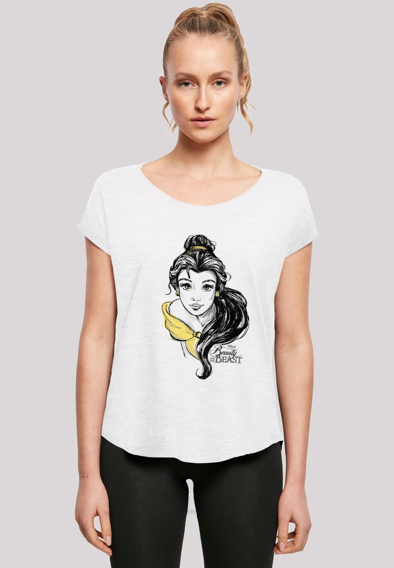 White short-sleeve t-shirt featuring a black and yellow illustration of a woman with long hair, inspired by "Beauty and the Beast."