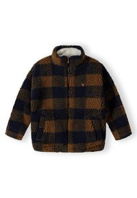 Chaqueta de forro polar con cuello alto, que presenta un patrón de cuadros en azul oscuro y marrón, y dos bolsillos delanteros. Cierre de cremallera.