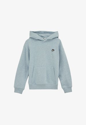 Svijetloplava majica s kapuljačom od mješavine pamuka. Ima džep sprijeda, rebraste rukave i mali crni izvezeni logo na prsima.