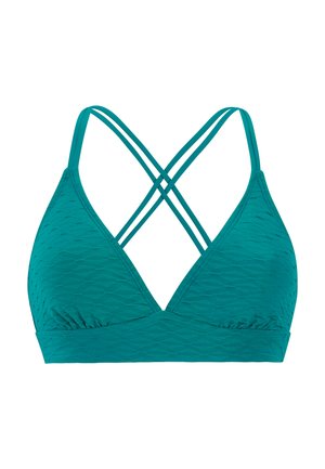 Türkis texturiertes Bikinioberteil mit doppelten dünnen Trägern, die sich am Rücken kreuzen, und einem breiten Unterbrustband zur Unterstützung, vor weißem Hintergrund.