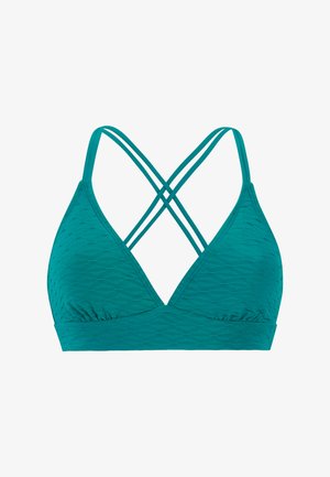 Groenblauw getextureerde bikinibovenstuk met dubbele dunne bandjes die gekruist zijn aan de achterkant en een brede onderband voor ondersteuning, afgebeeld tegen een witte achtergrond.