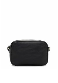 Black leather crossbody bag with a rectangular shape, zip closure, and adjustable strap. Smooth texture and minimalistic design.