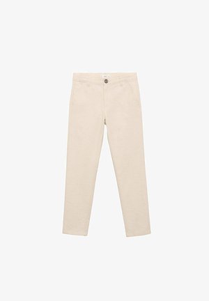 Beige katoenen broek met een slim fit, voorzien van een knoopsluiting, twee voorkbakken en een schone, gladde textuur.