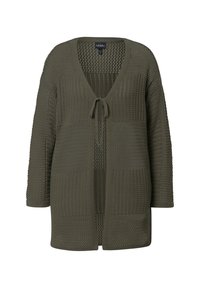 Cardigan aperto verde oliva con maniche lunghe, chiusura a lacci e motivo a maglia testurizzato con quadrati e punti di dimensioni varie.