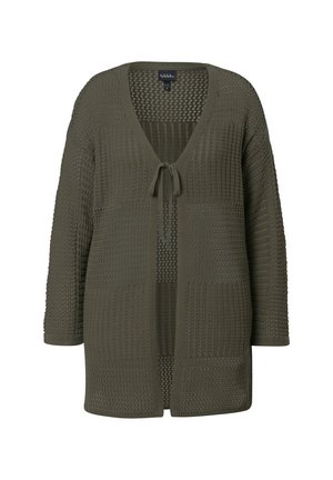 Cardigan aperto verde oliva con maniche lunghe, chiusura a lacci e motivo a maglia testurizzato con quadrati e punti di dimensioni varie.