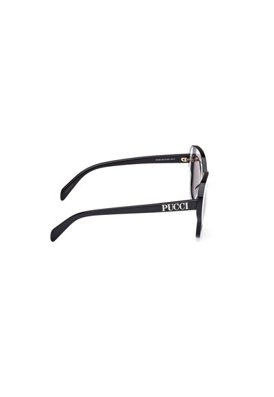 Gafas de sol negras con montura rectangular, con lentes transparentes. En la patilla está impreso "PUCCI" en blanco, con una superficie elegante y suave.