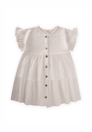 Robe en coton blanc avec des manches courtes à volants, fermeture boutonnée sur le devant et jupe à niveaux. Comprend des boutons en bois et un tissu doux et texturé.