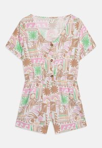 Īsām piedurknēm izgatavots kombinezons no viegla auduma, kuram ir daudzkrāsaina ģeometriska raksts ar brūnām, rozā un zaļām akcentiem; aizdare ar pogām priekšpusē.