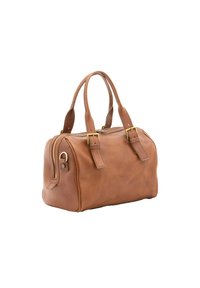 Borsa a mano in pelle marrone con due manici superiori, chiusura con zip e dettagli in hardware dorato. Forma rettangolare compatta con superficie liscia.