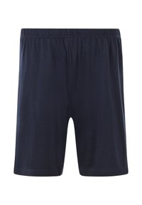 Navy blue shorts made of soft fabric with an elastic waistband, featuring a straight cut and no distinct patterns or accents.