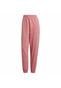 Roze sweatpants met elastische taille, geribbelde enkels en witte strepen aan de onderkant van het onderbeen.