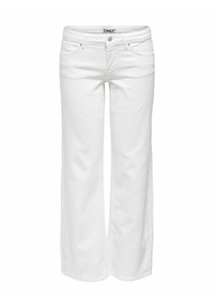 White wide-leg jeans made of soft cotton. Features five pockets, a front button, and a zip fly. Smooth texture with a clean design.