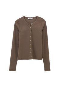 Brun långärmad skjorta med knappar, rund halsringning, ribbad struktur, framknäppning och åtsittande design.