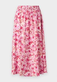 Květinová maxi sukn�ě s nařaseným pasem. Disponuje jasně růžovým a krémovým květinovým vzorem na lehké látce.
