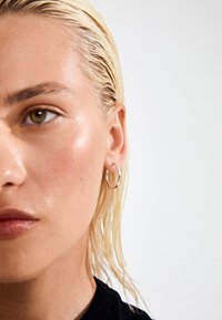 Sudraba gredzena auskars uz modele ar mitriem, blondiem matiem. Tuvplāns uz seju ar neitrālu grimu, zaļām acīm un gludu ādas tekstūru.