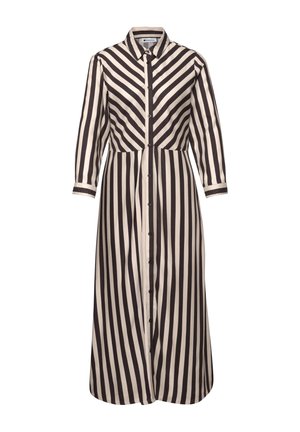 Langærmet, knaplukket kjole med sorte og hvide lodrette og diagonale striber, krave og manchetter på ærmerne.