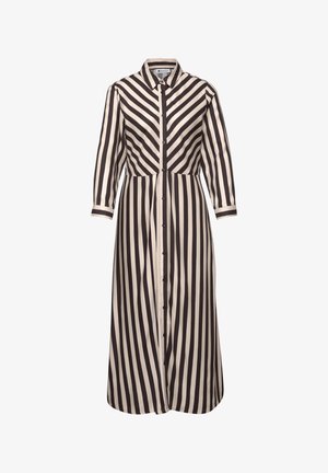 Sukienka z długim rękawem, zapinana na guziki, w czarno-białe pionowe i diagonalne paski, z kołnierzem i mankietami na rękawach.