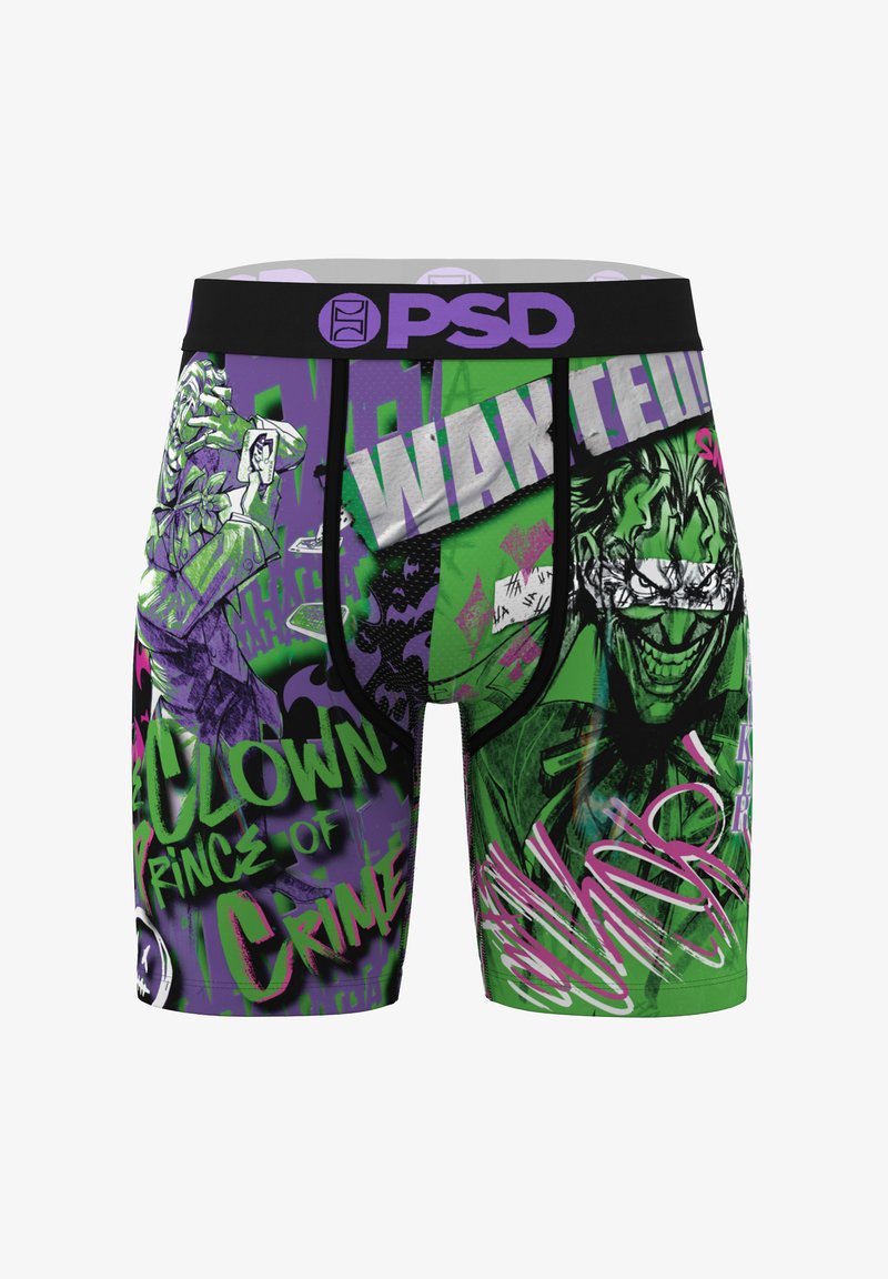 Boxer a mezze gambe con un design vivace dai colori viola e verde. Le grafiche comprendono immagini in stile fumetto e testi come "Ricercato!" e "Principe Clown del Crimine."